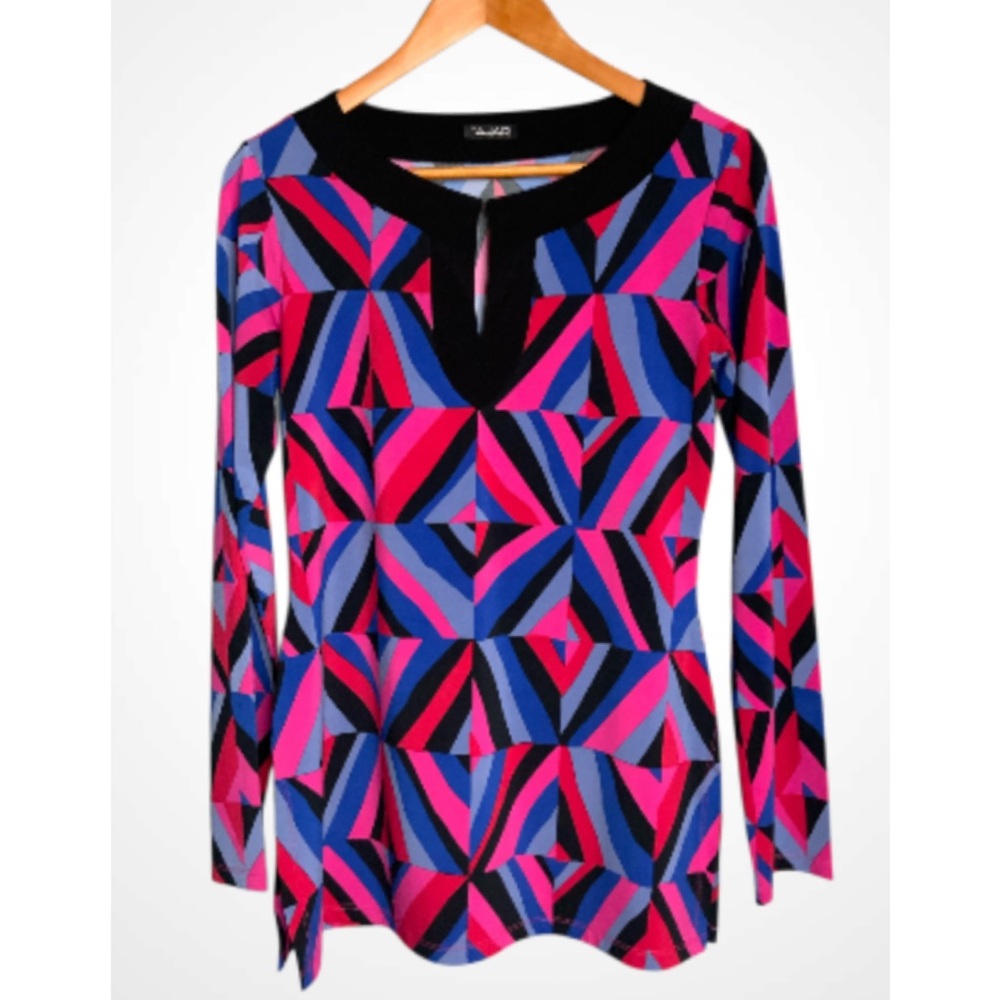Tahari Pink and Blue Geometric Long Sleeve Tunic Blouse Small